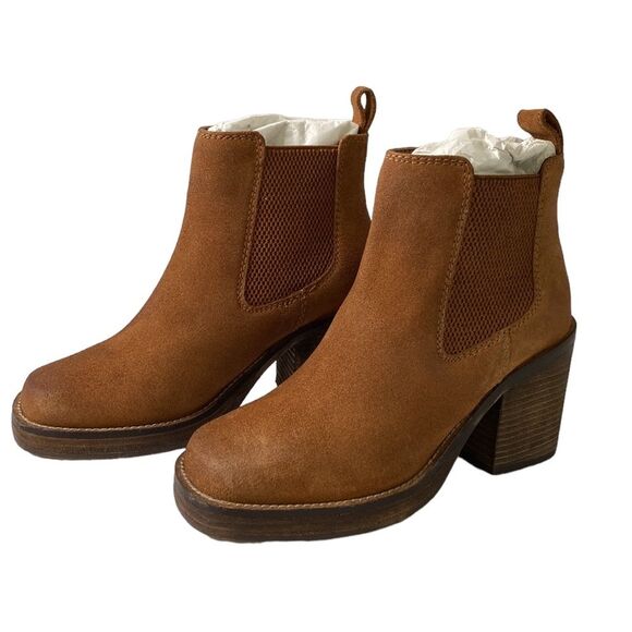 Diba Ser Eeta Suede Chunky Block Heel Boot in Cognac Square Toe Pull On Boho - Picture 13 of 14